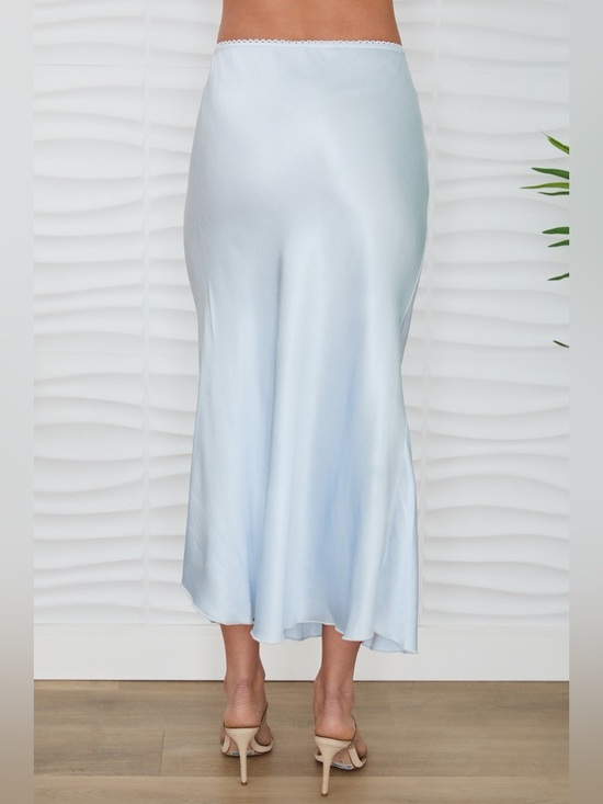 (9298/235110-SKY) SOLID ELASTIC LACE TRIM WAIST SILKY VISCOSE MAXI SKIRT - Picture 3 of 4